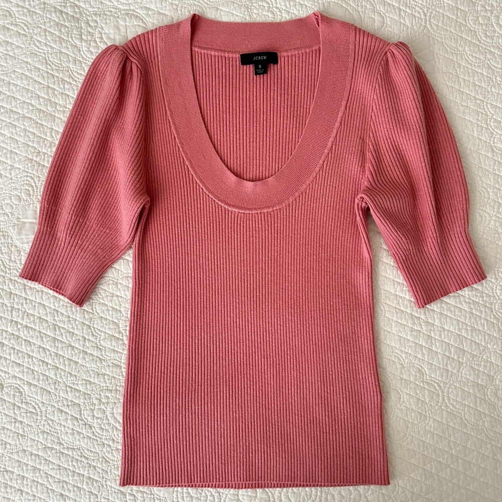 J.Crew Pink Puff-Sleeve Silk-Blend Short Sleeve Ribbed Knit Top Sweater